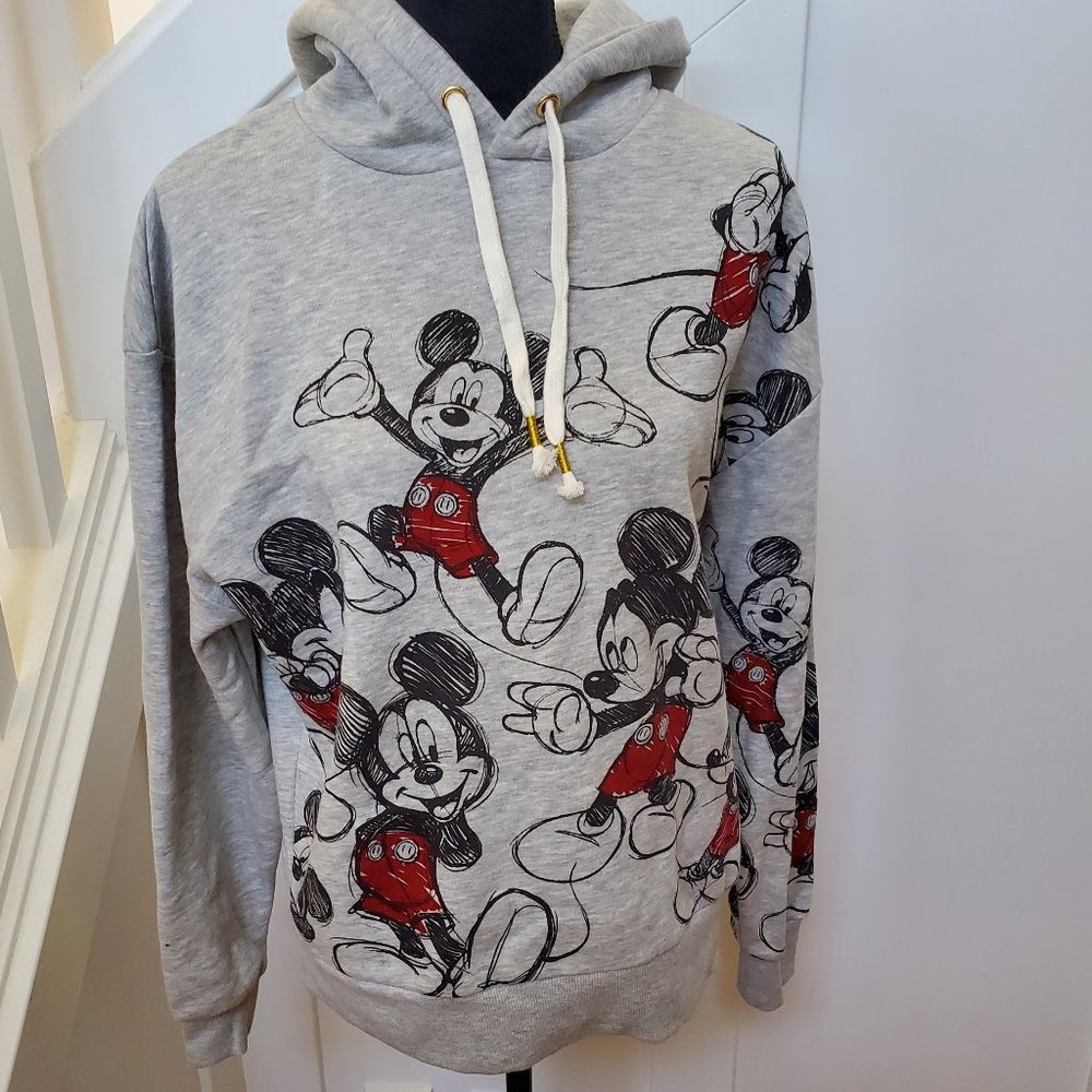 Sketch Drawn Disney Mickey Mouse gray hoodie with drawstring and hood